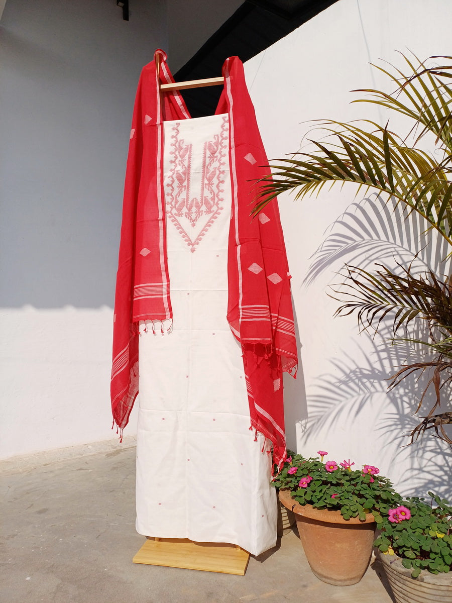 WHITE RED JAMDANI KURTA FABRIC SET - Weave Sutra