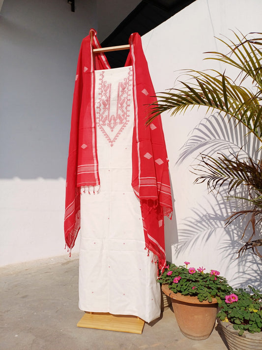 WHITE RED JAMDANI KURTA FABRIC SET - Weave Sutra