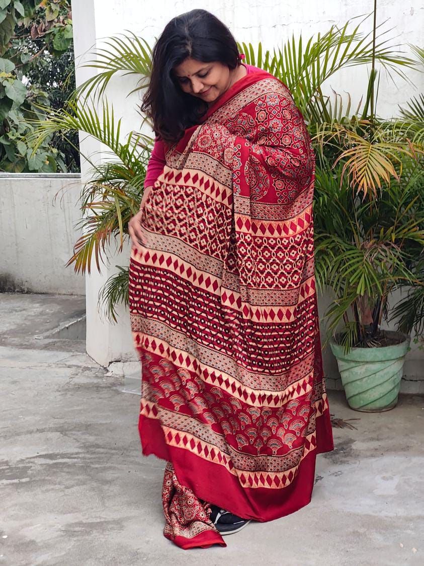 RED AJRAKH SAREE - Weave Sutra