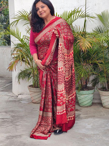 RED AJRAKH SAREE - Weave Sutra