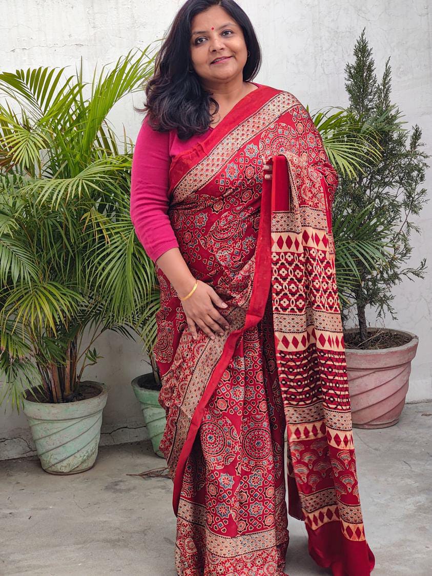 RED AJRAKH SAREE - Weave Sutra