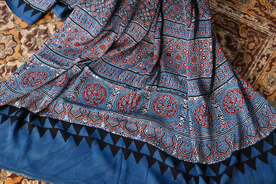 INDIGO AJRAKH SAREE - Weave Sutra