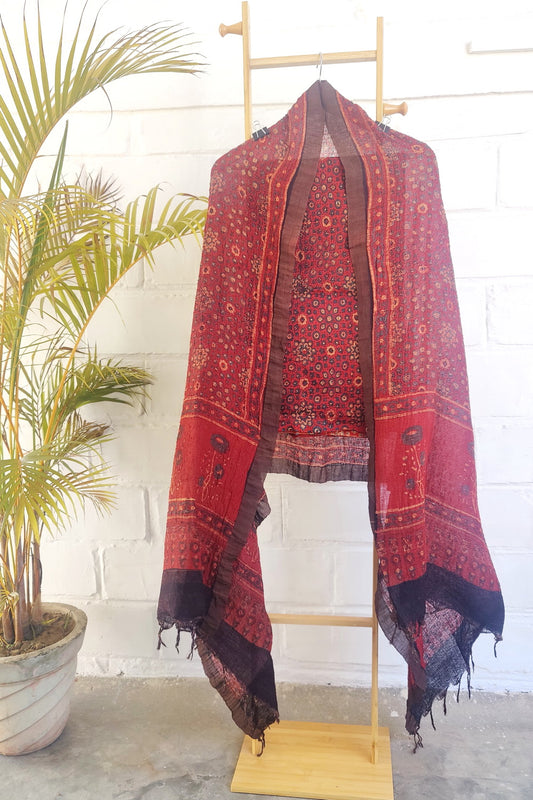 AJRAKH PRINT RUSTY RED SUIT SET FABRIC - Weave Sutra