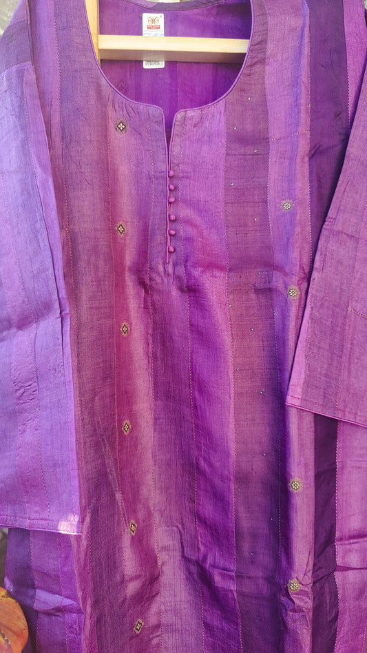 PURPLE PURE TUSSAR SILK KURTA - Weave Sutra