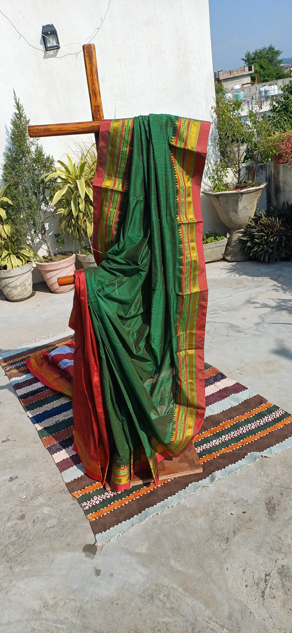 Cotton Saree- Green Body with Red & Yellow Ilkal Border