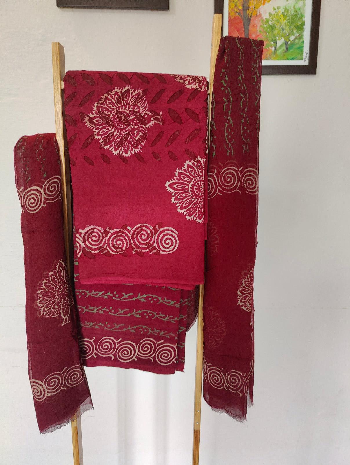 MAROON BLOCK PRINT APPLIQUE SUIT - Weave Sutra