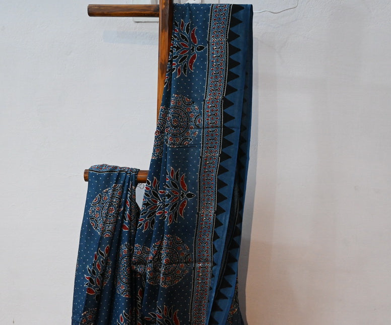 INDIGO AJRAKH SAREE - Weave Sutra