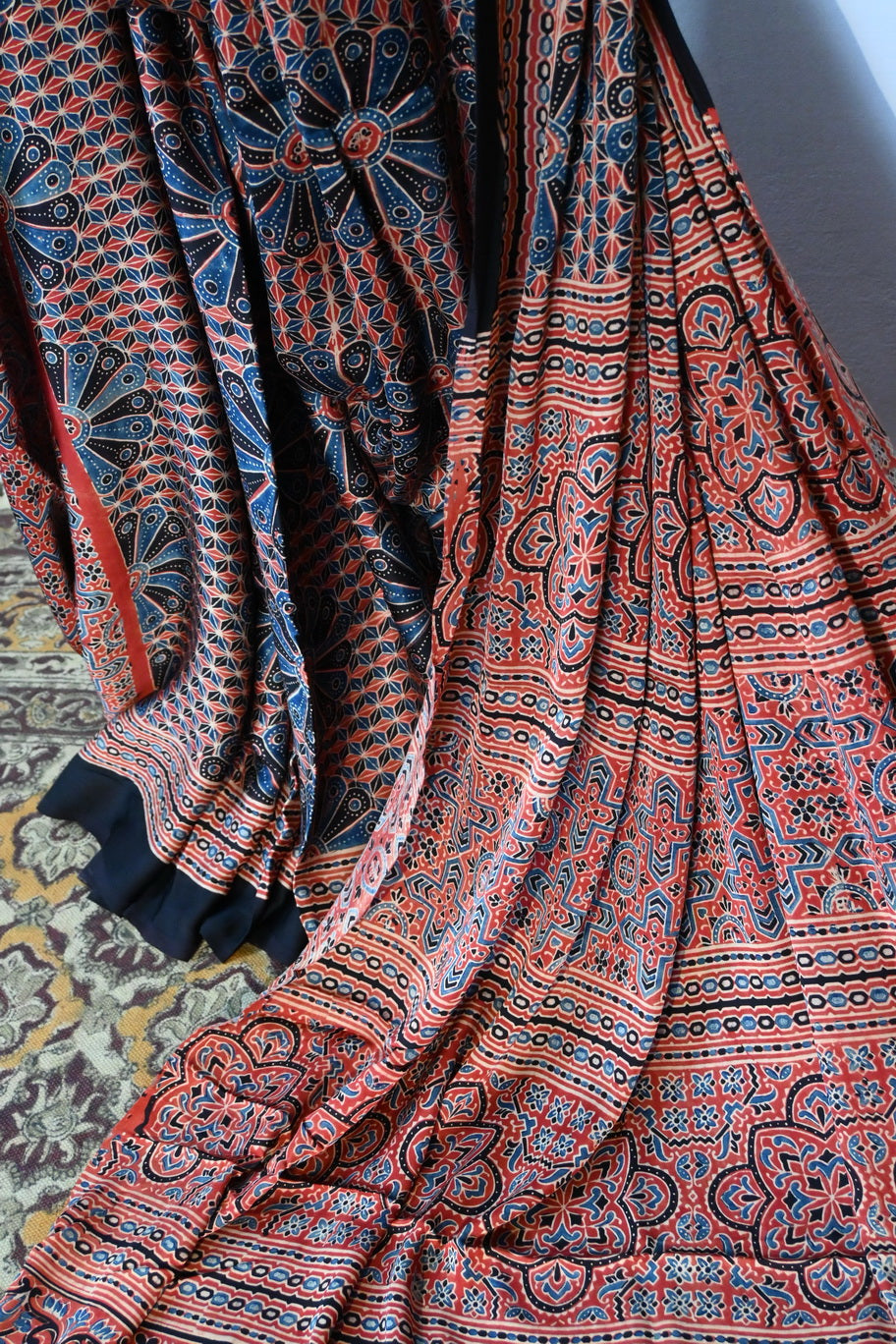 RED AND INDIGO AJRAKH SAREE - Weave Sutra