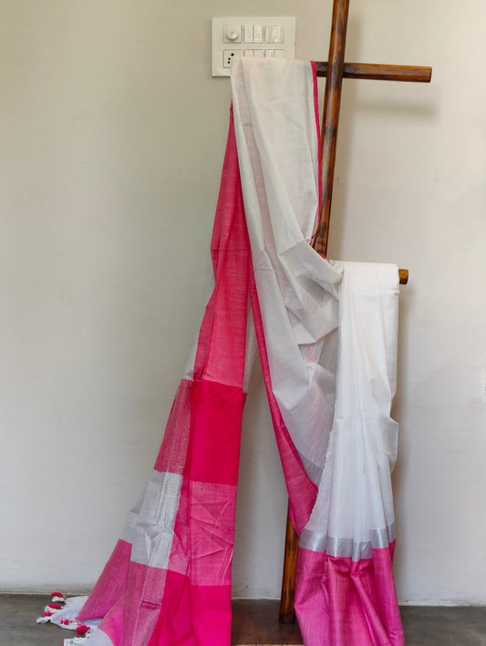 White and pink linen saree