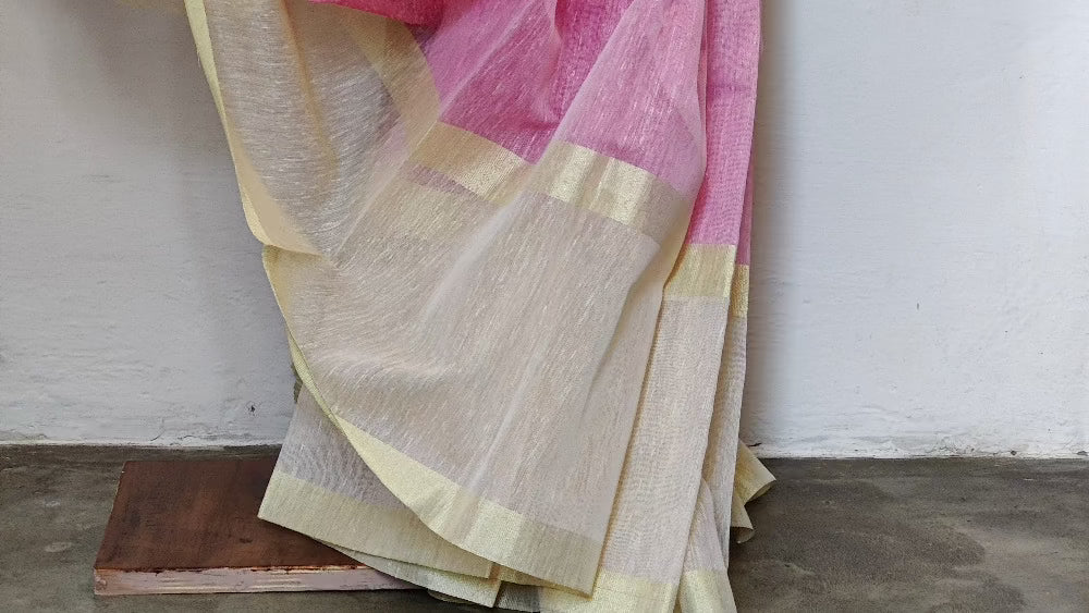 Pink and beige cotton saree with Zari border 