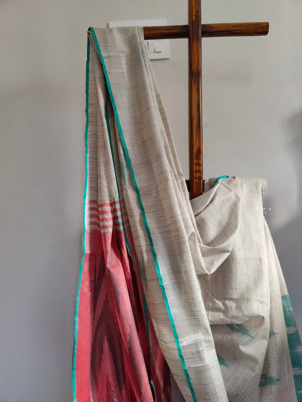 Beige and red cotton ikat saree - Weave Sutra