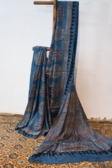 INDIGO AJRAKH SAREE - Weave Sutra