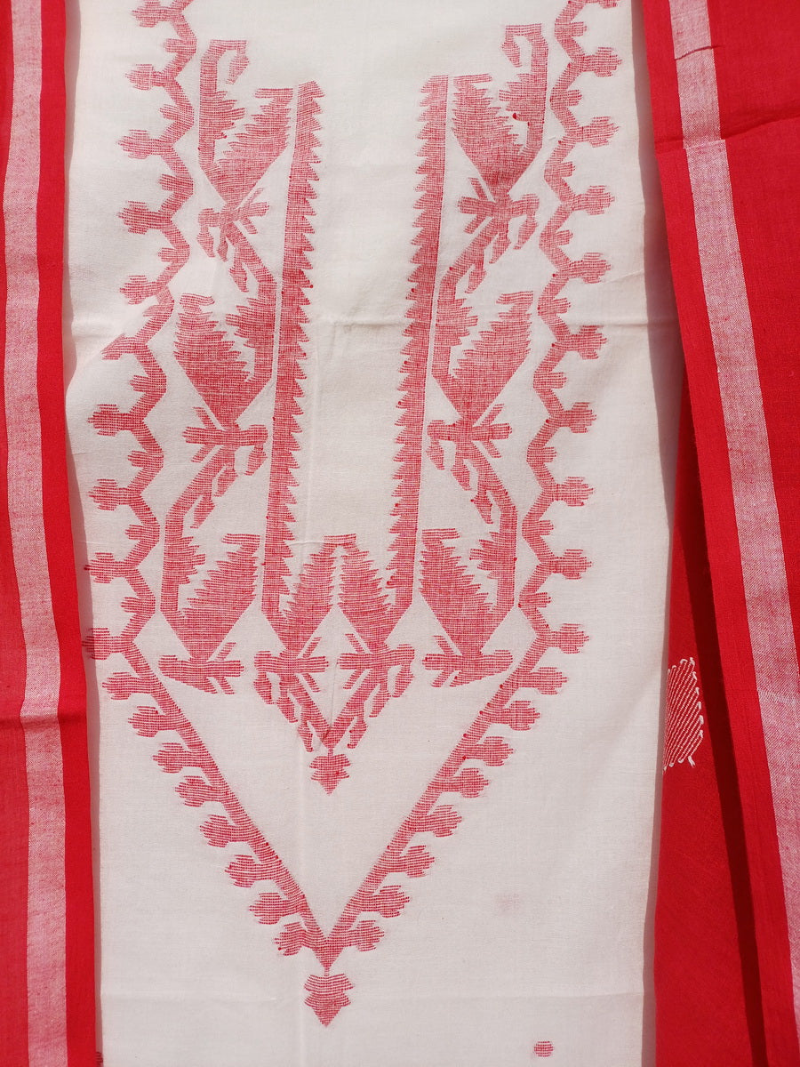 WHITE RED JAMDANI KURTA FABRIC SET - Weave Sutra