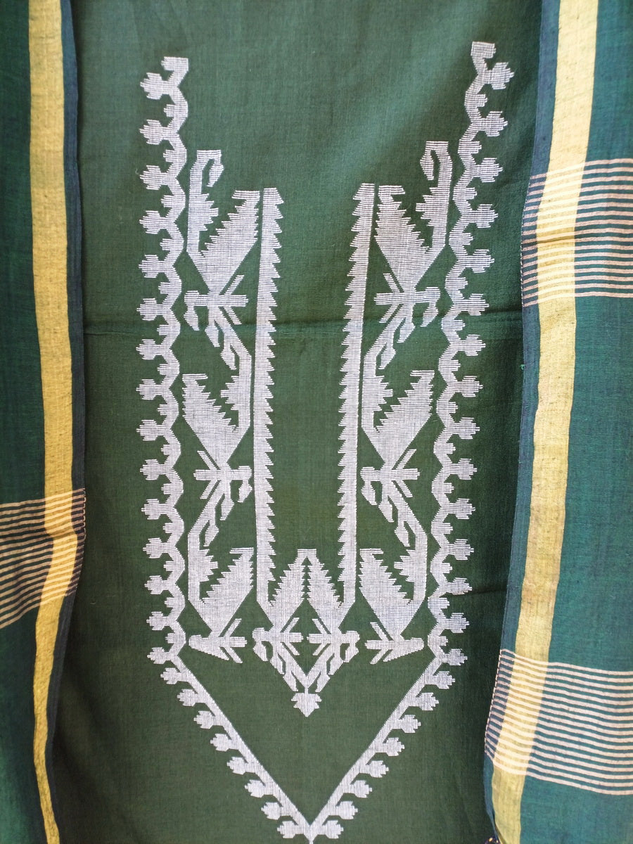 RAMA GREEN KHADI COTTON SUIT FABRIC SET - Weave Sutra