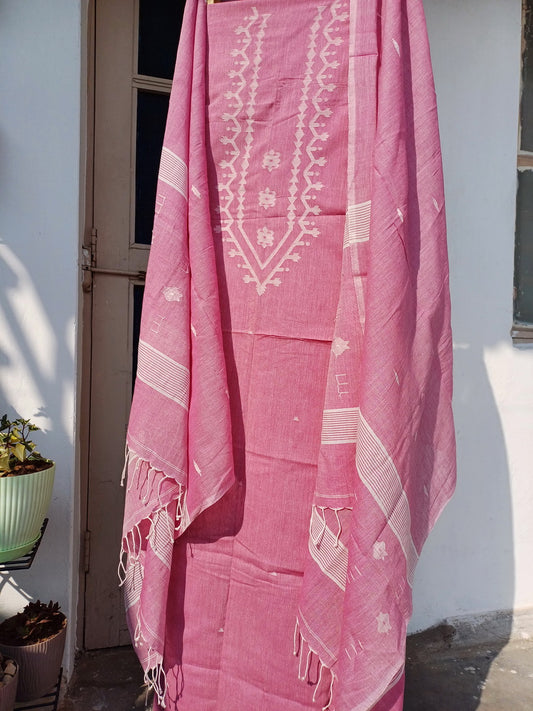 PINK JAMDANI KHADI COTTON SUIT FABRIC SET - Weave Sutra