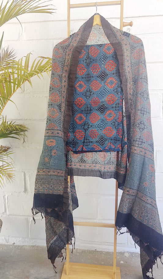 AJRAKH PRINT INDIGO SUIT FABRIC SET - Weave Sutra