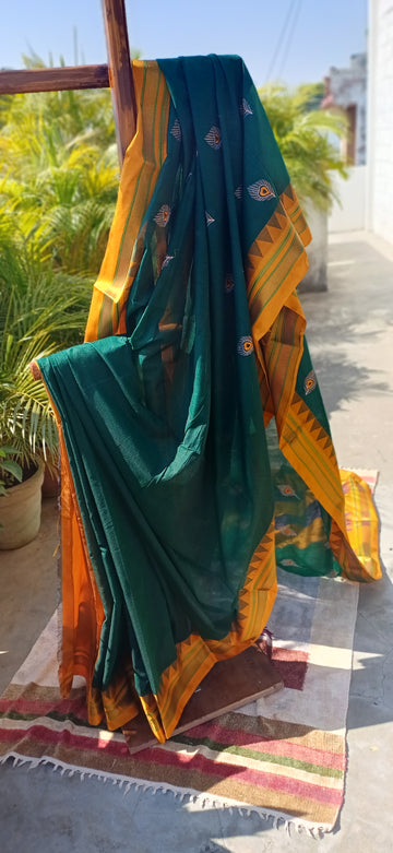 Green cotton saree in Kasuti Embroidery
