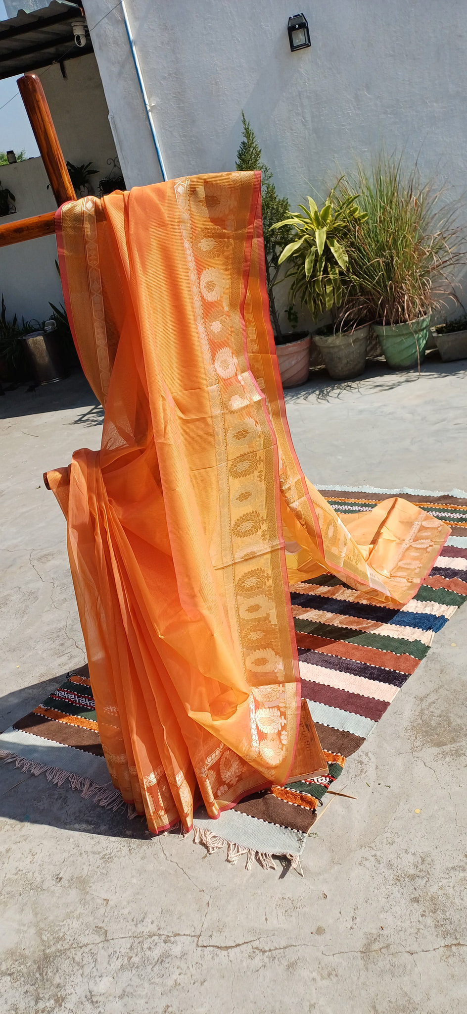 Cotton Saree in Orange with Golden Ilkal Border and Pink selvedge
