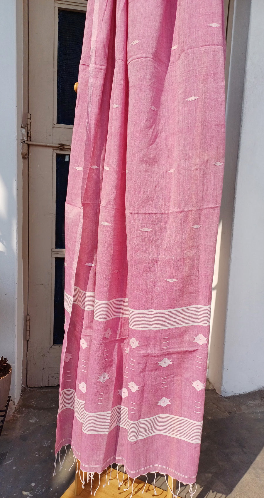 PINK JAMDANI KHADI COTTON SUIT FABRIC SET - Weave Sutra