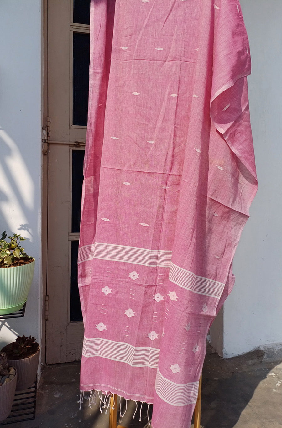 PINK JAMDANI KHADI COTTON SUIT FABRIC SET - Weave Sutra