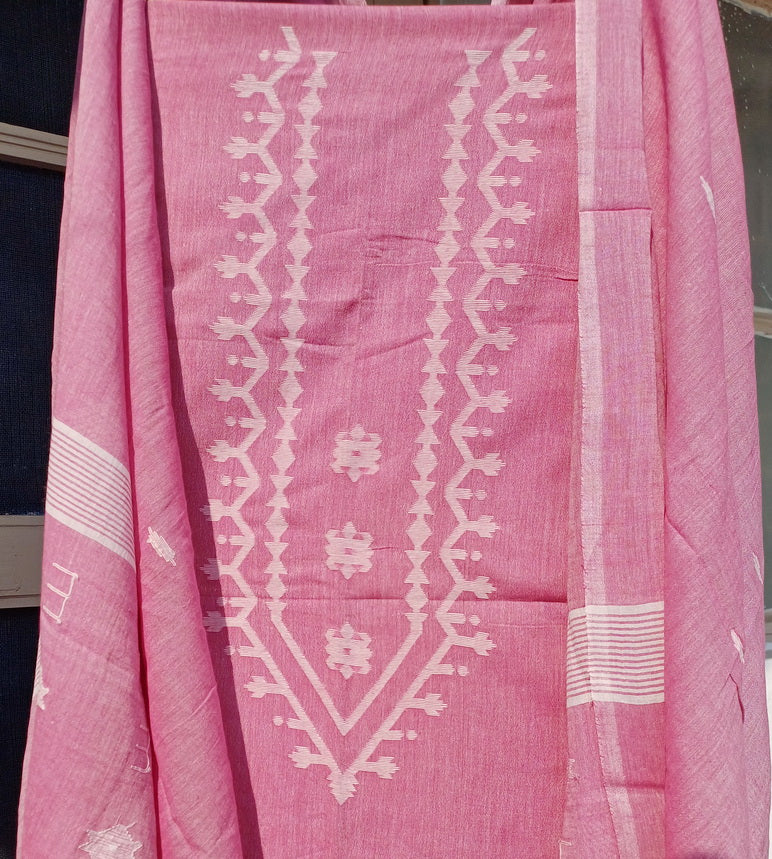 PINK JAMDANI KHADI COTTON SUIT FABRIC SET - Weave Sutra