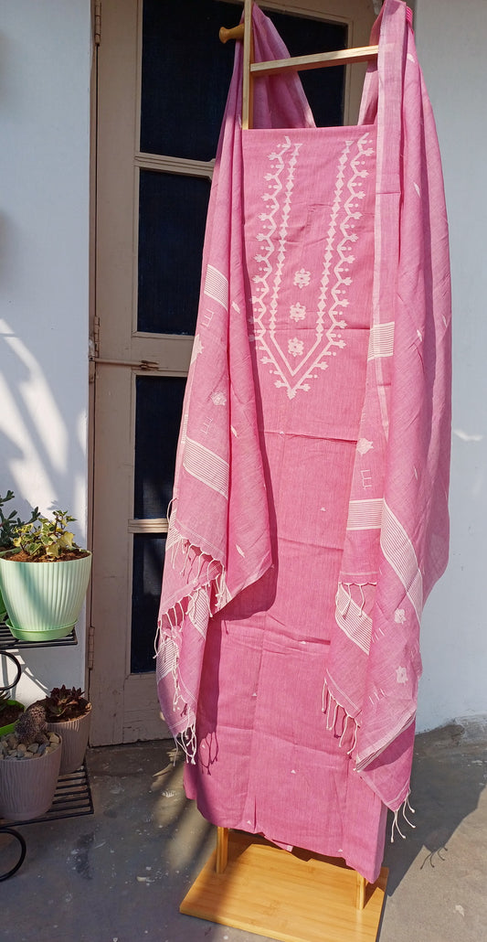 PINK JAMDANI KHADI COTTON SUIT FABRIC SET - Weave Sutra