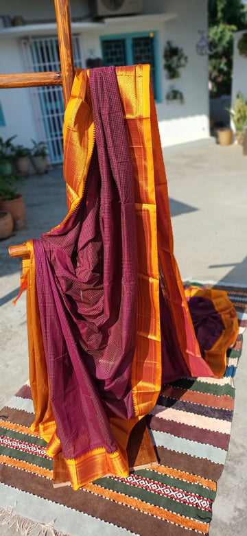 Traditional Ilkal Cotton Saree – Purple Checks with Golden-Orange Pallu