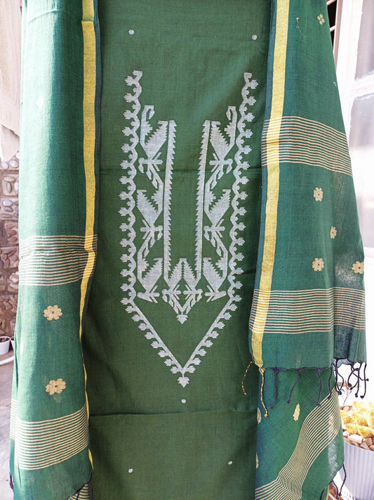 RAMA GREEN KHADI COTTON SUIT FABRIC SET - Weave Sutra