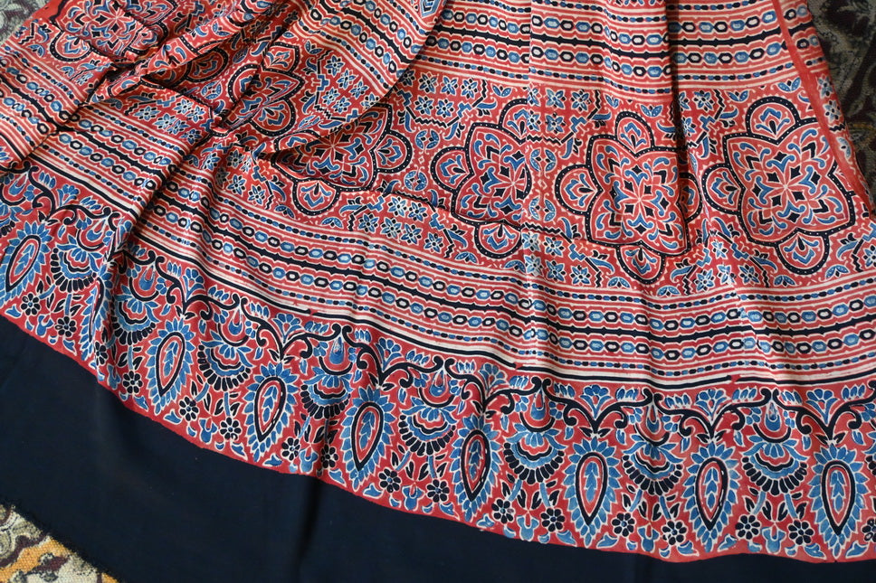 RED AND INDIGO AJRAKH SAREE - Weave Sutra