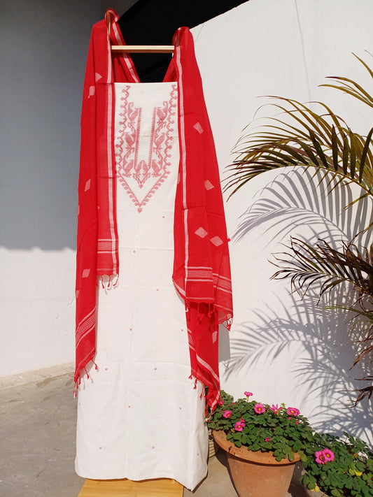 WHITE RED JAMDANI KURTA FABRIC SET - Weave Sutra