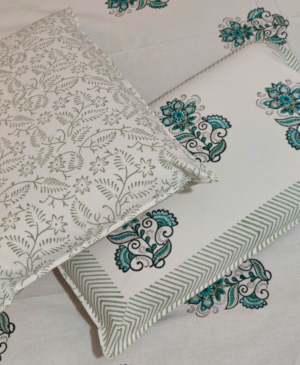 SEA GREEN FLOWER BUNCH COTTON BEDSHEET - Weave Sutra