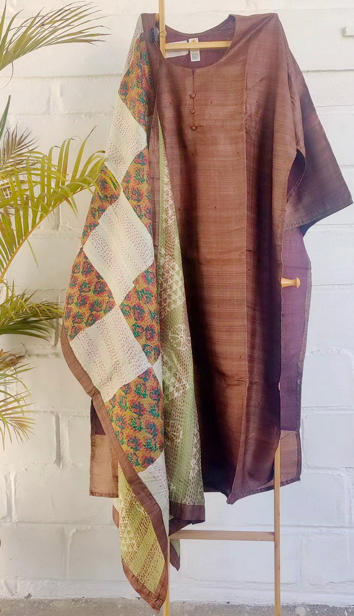 PURE SILK RUSTY BROWN SUIT FABRIC SET - Weave Sutra