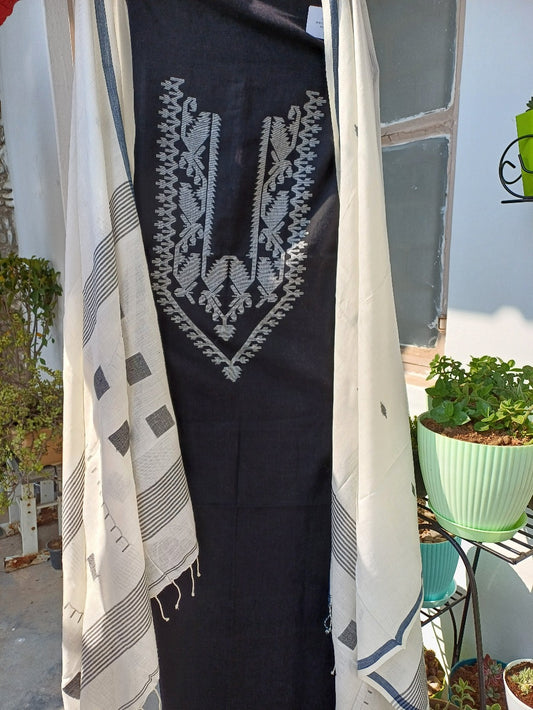 JAMDANI BLACK & WHITE SUIT FABRIC - Weave Sutra