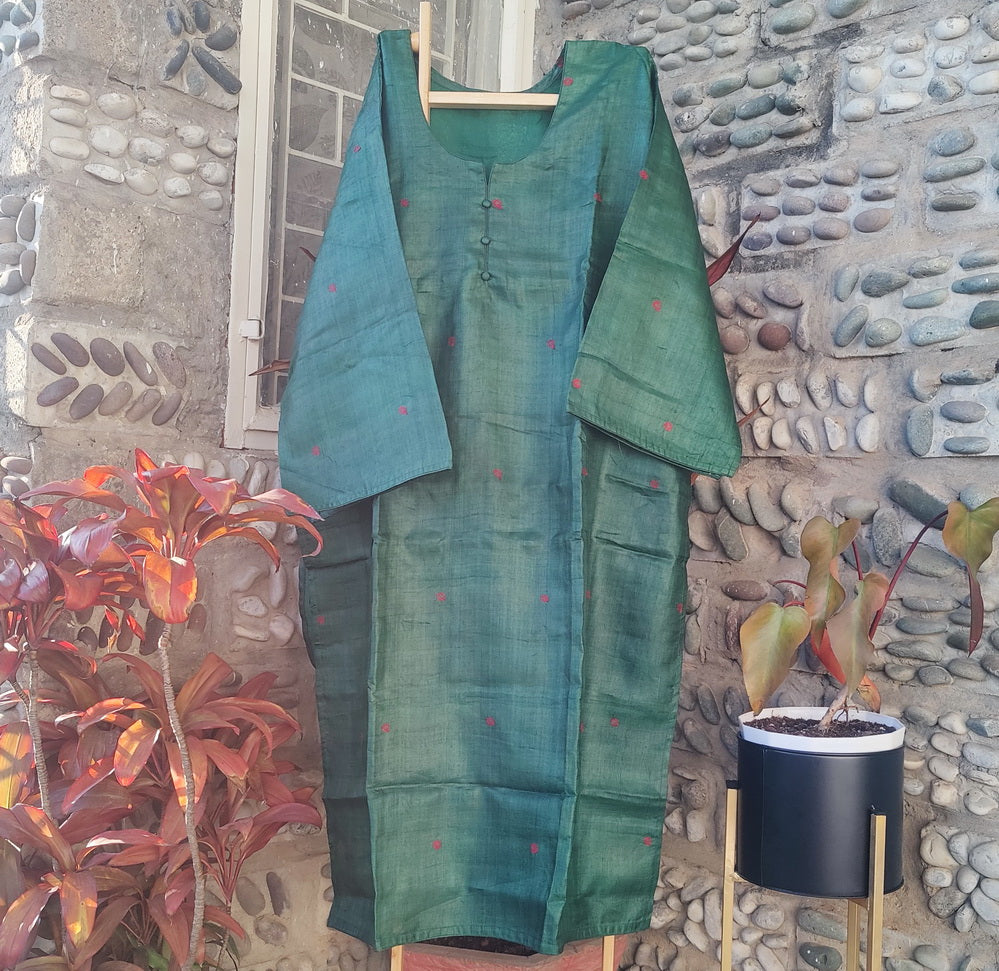 TEAL GREEN PURE TUSSAR SILK KURTA - Weave Sutra