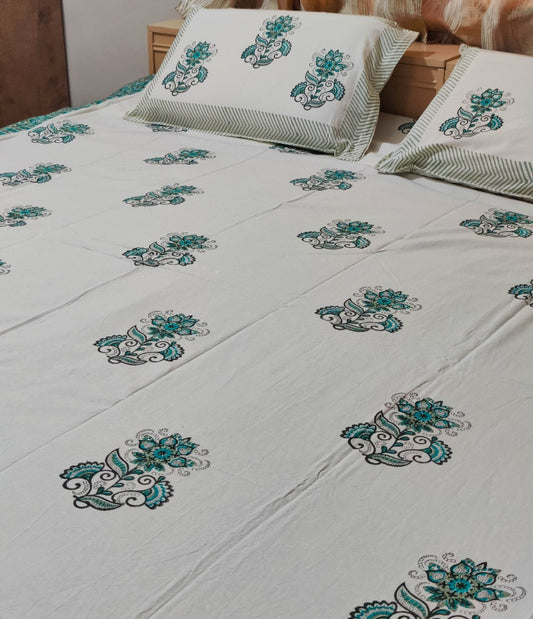 SEA GREEN FLOWER BUNCH COTTON BEDSHEET - Weave Sutra