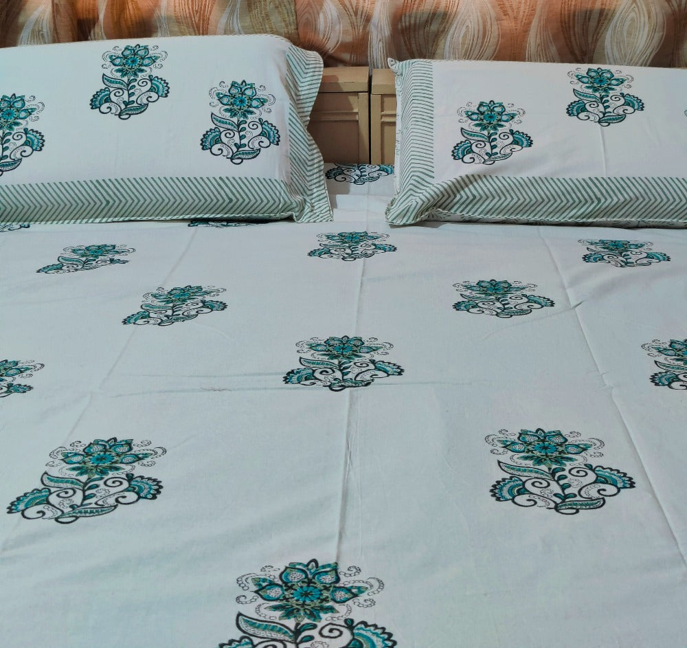 SEA GREEN FLOWER BUNCH COTTON BEDSHEET - Weave Sutra