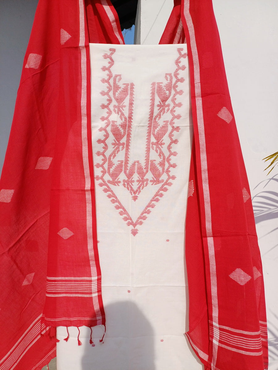 WHITE RED JAMDANI KURTA FABRIC SET - Weave Sutra