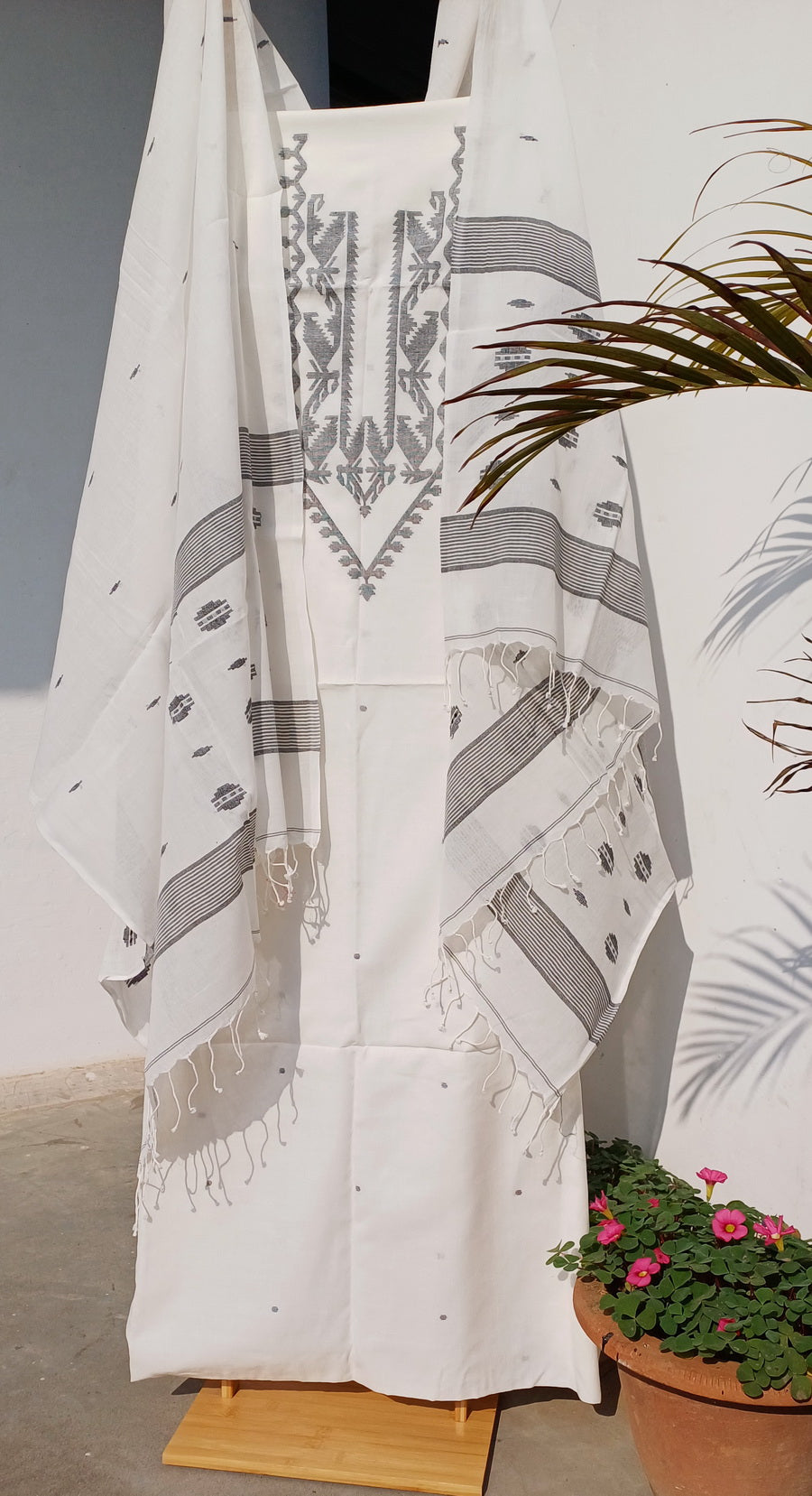WHITE GREY PURE COTTON SUIT FABRIC SET - Weave Sutra