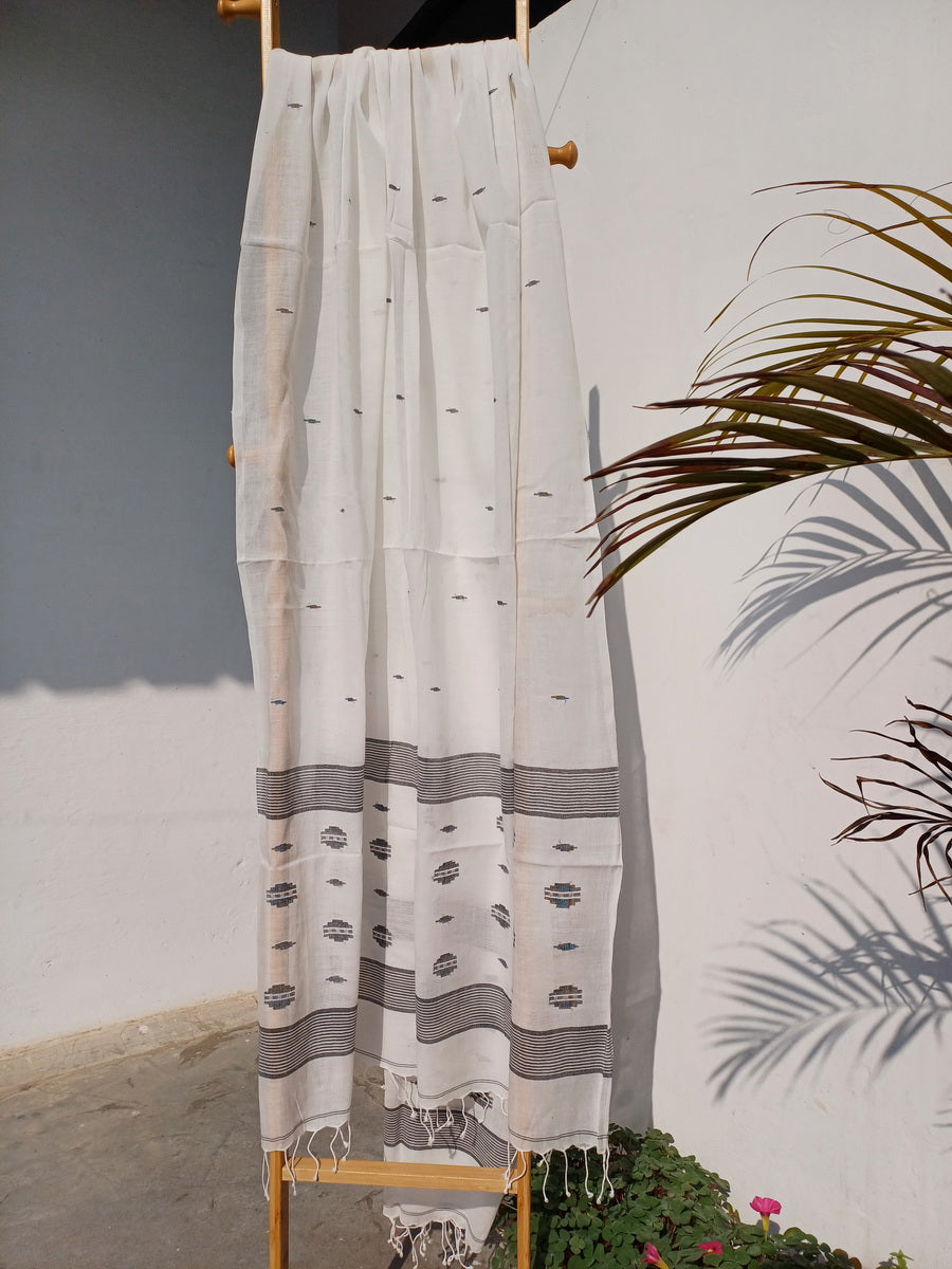 WHITE GREY PURE COTTON SUIT FABRIC SET - Weave Sutra