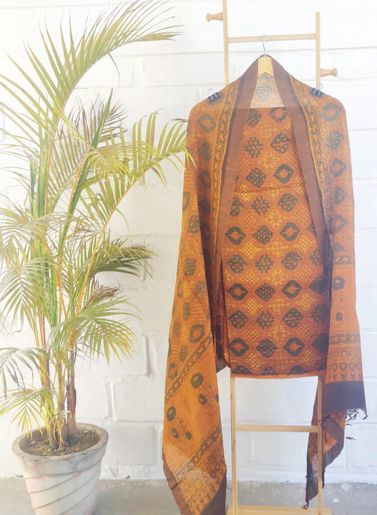 AJRAKH PRINT RUSTY MUSTARD SUIT SET FABRIC - Weave Sutra