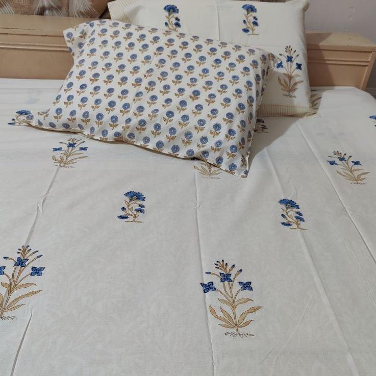 BLUE FLORAL MOTIFS BED SHEET - Weave Sutra