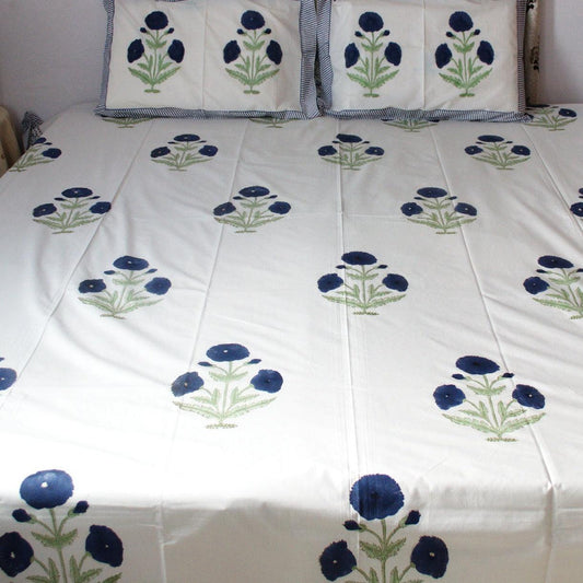 Queen Size bed sheet in Blue poppy motifs - Weave Sutra