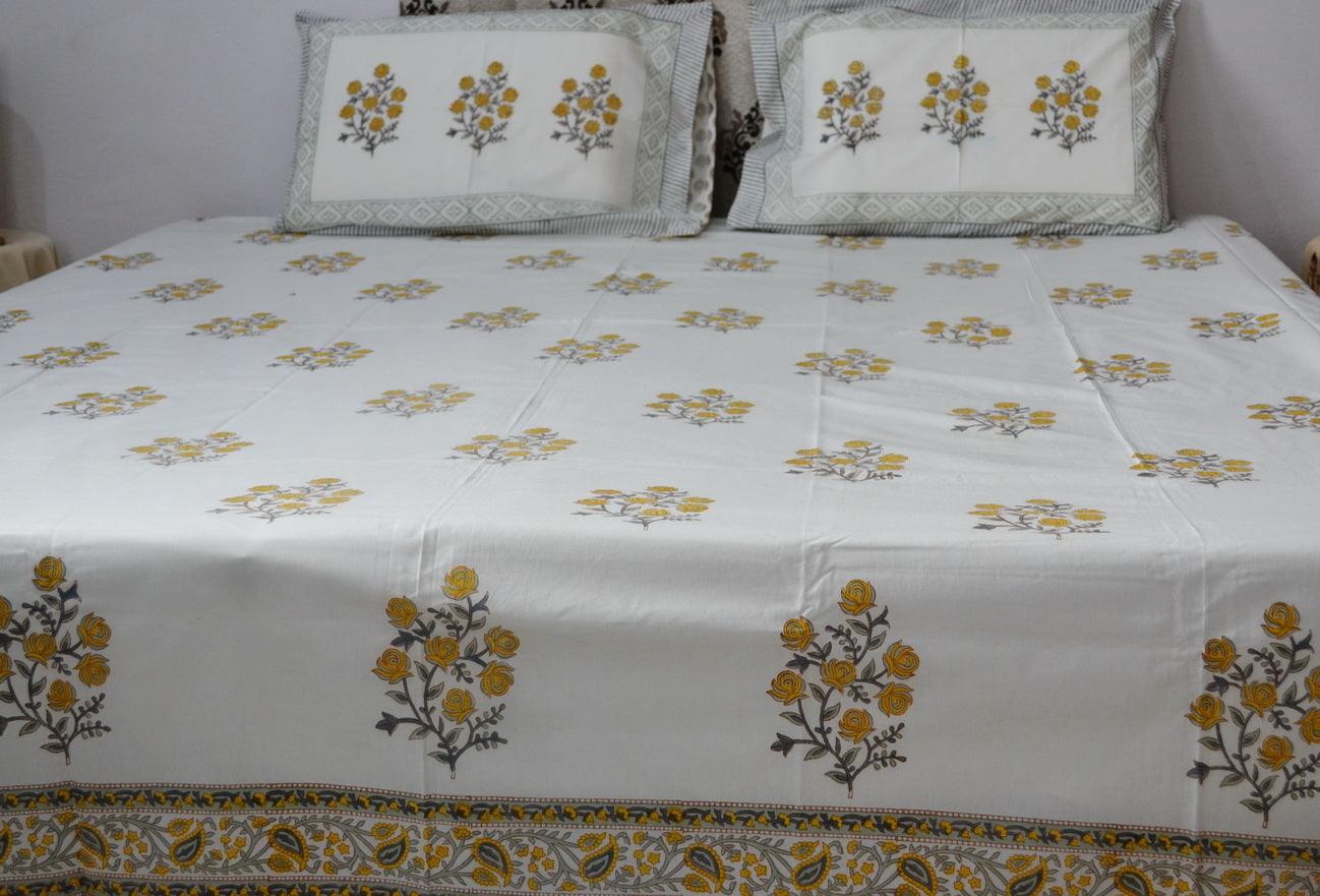 PEELA GULAB PERCALE COTTON BLOCK PRINT BED SHEET - Weave Sutra