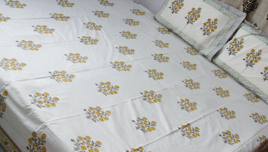 PEELA GULAB PERCALE COTTON BLOCK PRINT BED SHEET - Weave Sutra