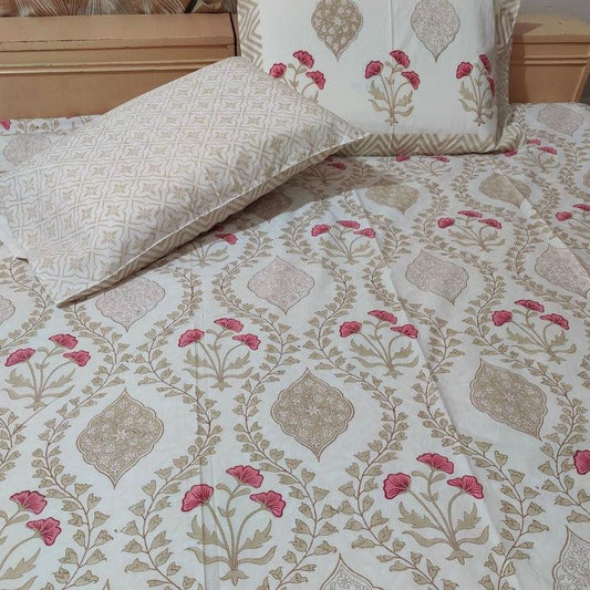 BEIGE NESTED PINK FLOWER BED SHEET - Weave Sutra