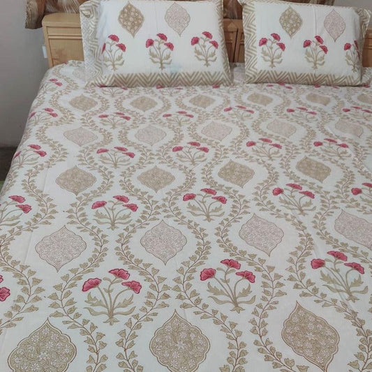 BEIGE NESTED PINK FLOWER BED SHEET - Weave Sutra