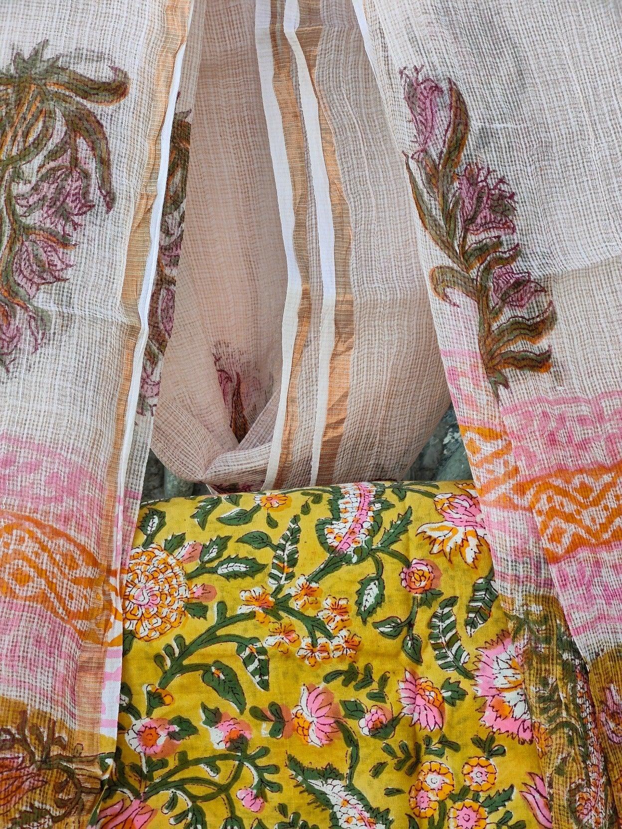 YELLOW BLOCK PRINT COTTON SUIT SET. - Weave Sutra