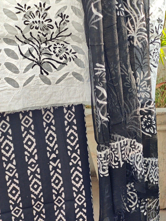 WHITE AND BLACK BLOCK PRINT COTTON SUIT SET - Weave Sutra