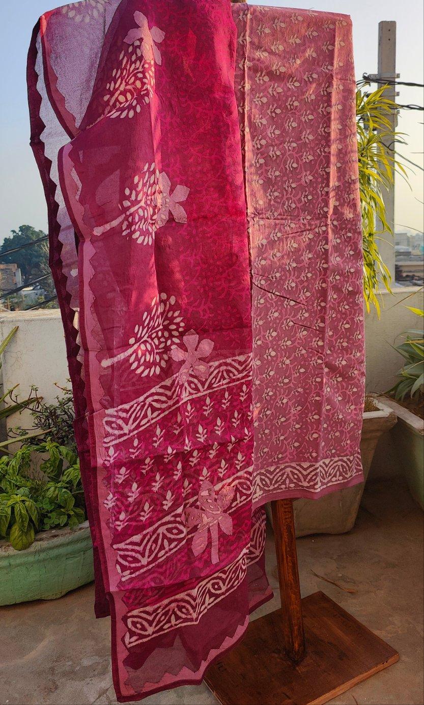 MAROON BLOCK PRINT COTTON SUIT SET - Weave Sutra