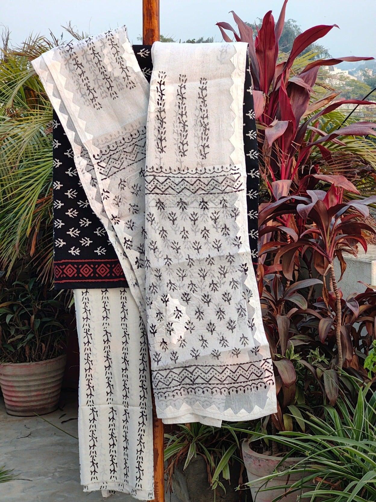 BLACK AND WHITE BLOCK PRINT COTTON SUIT SET - Weave Sutra